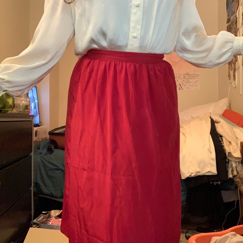 1980s vintage Oleg Cassini silky red midi skirt